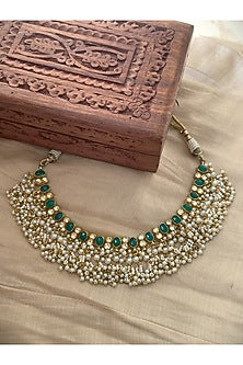Gold Finish Pearl & Emerald Stone Necklace