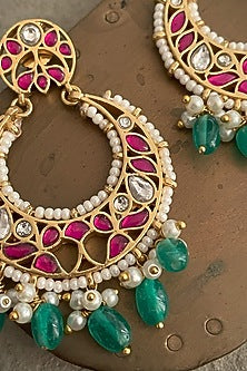 Gold Finish Jadau Kundan Polki Chandbali Earrings