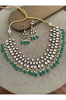 Black Rhodium Finish Kundan Polki & Emerald Stone Necklace Set