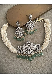 Black Rhodium Finish Jadau Kundan Polki Regal Necklace Set