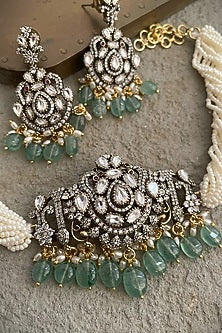 Black Rhodium Finish Jadau Kundan Polki Regal Necklace Set
