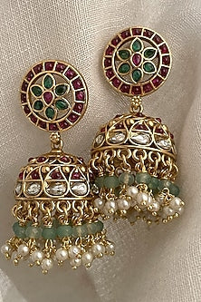 Gold Finish Kundan Polki Temple Jhumka Earrings