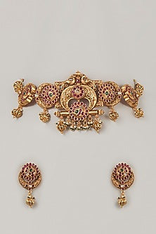 Gold Finish Ruby Temple Necklace Set