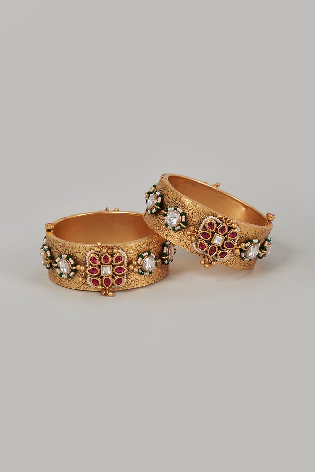 Gold Finish Jadau & Ruby Bangles (Set of 2)