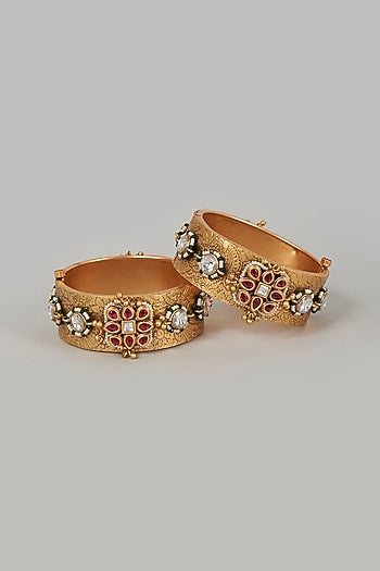 Gold Finish Jadau & Ruby Bangles (Set of 2)