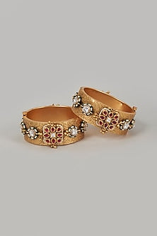 Gold Finish Jadau & Ruby Bangles (Set of 2)