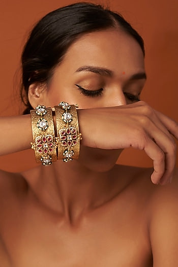 Gold Finish Jadau & Ruby Bangles (Set of 2)