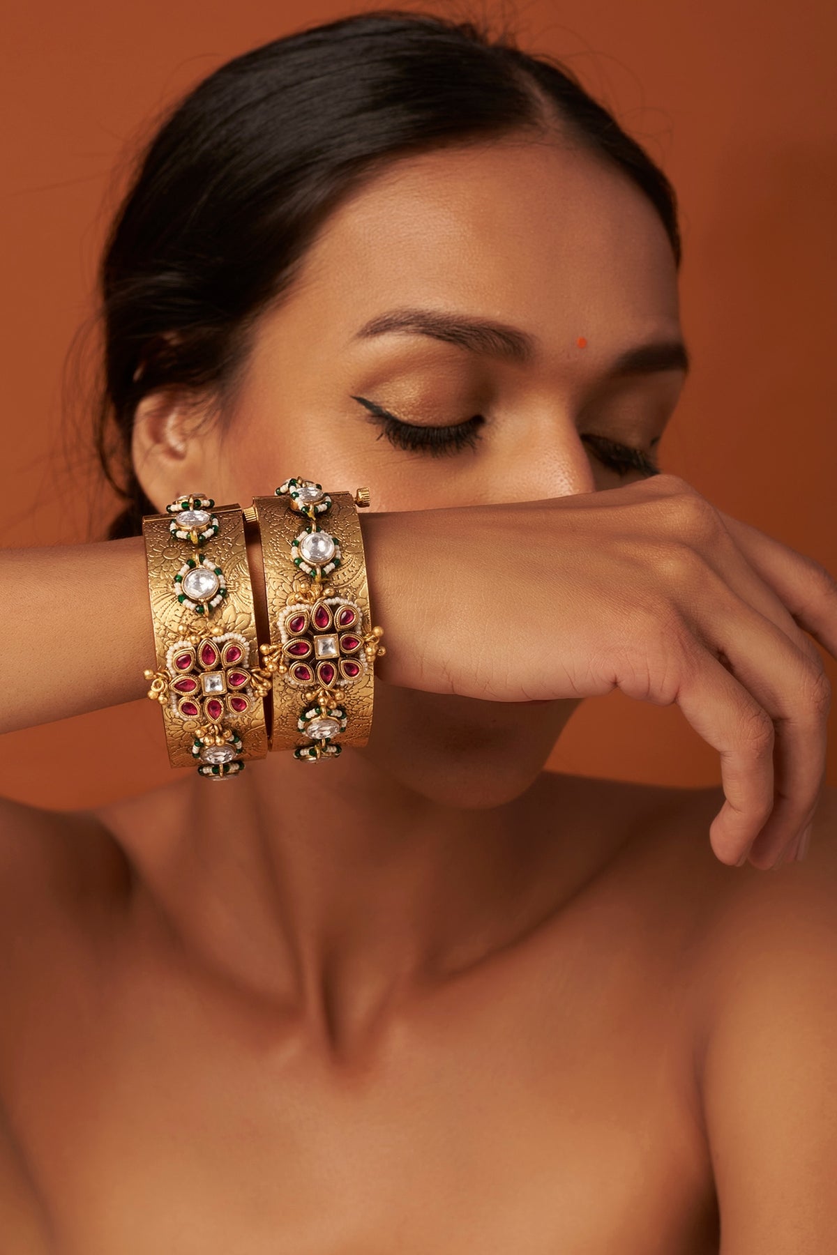 Gold Finish Jadau & Ruby Bangles (Set of 2)