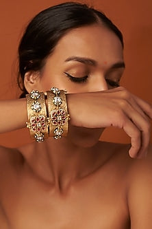 Gold Finish Jadau & Ruby Bangles (Set of 2)
