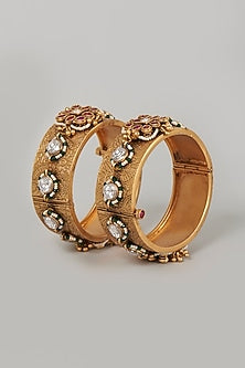 Gold Finish Jadau & Ruby Bangles (Set of 2)