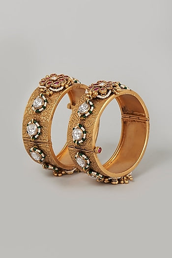 Gold Finish Jadau & Ruby Bangles (Set of 2)