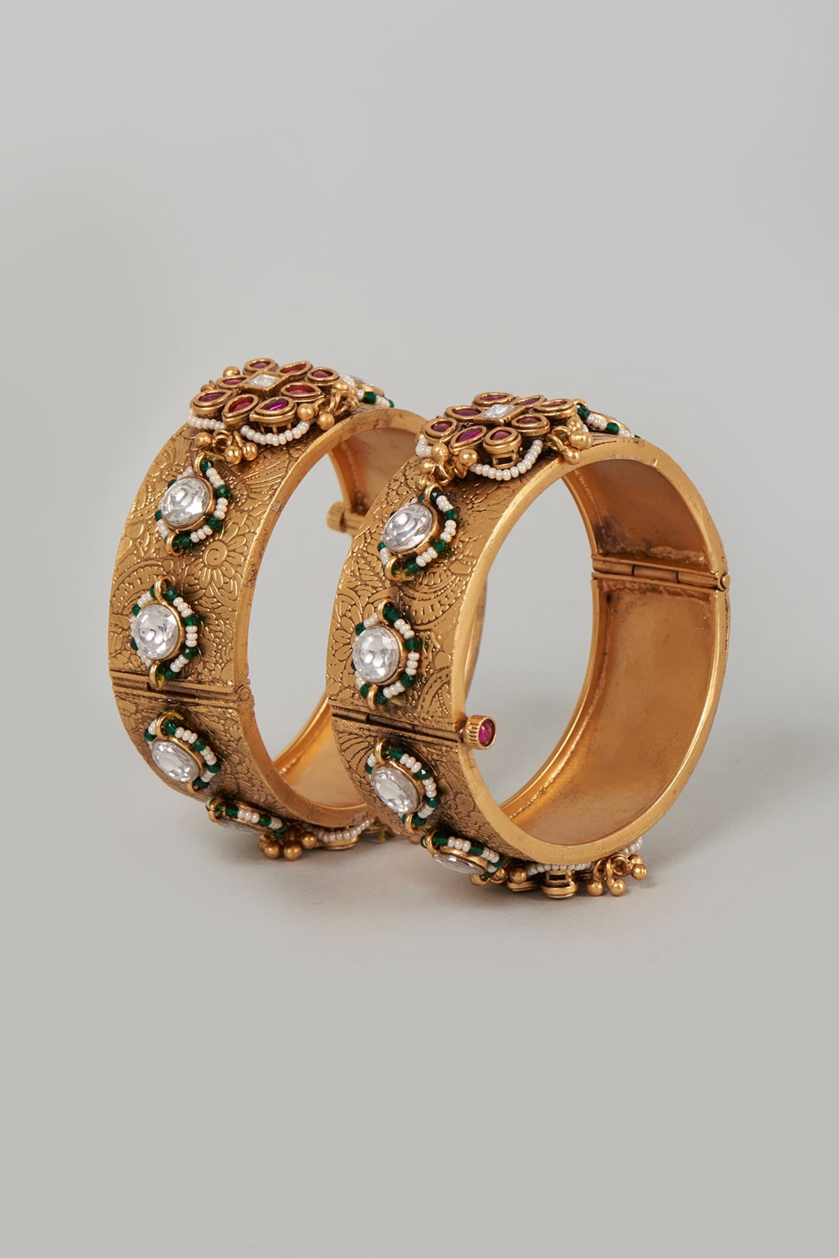 Gold Finish Jadau & Ruby Bangles (Set of 2)