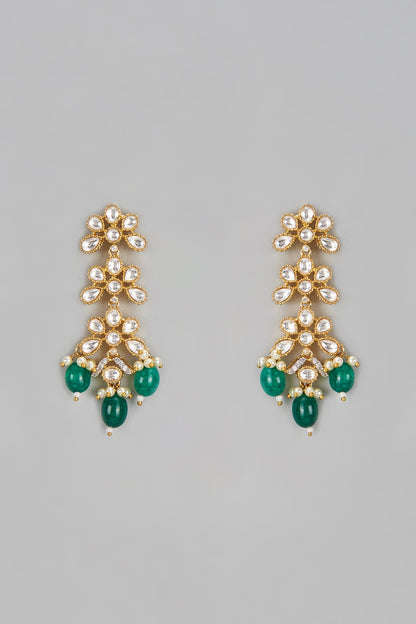 Gold Finish Kundan Polki & Emerald Dangler Earrings