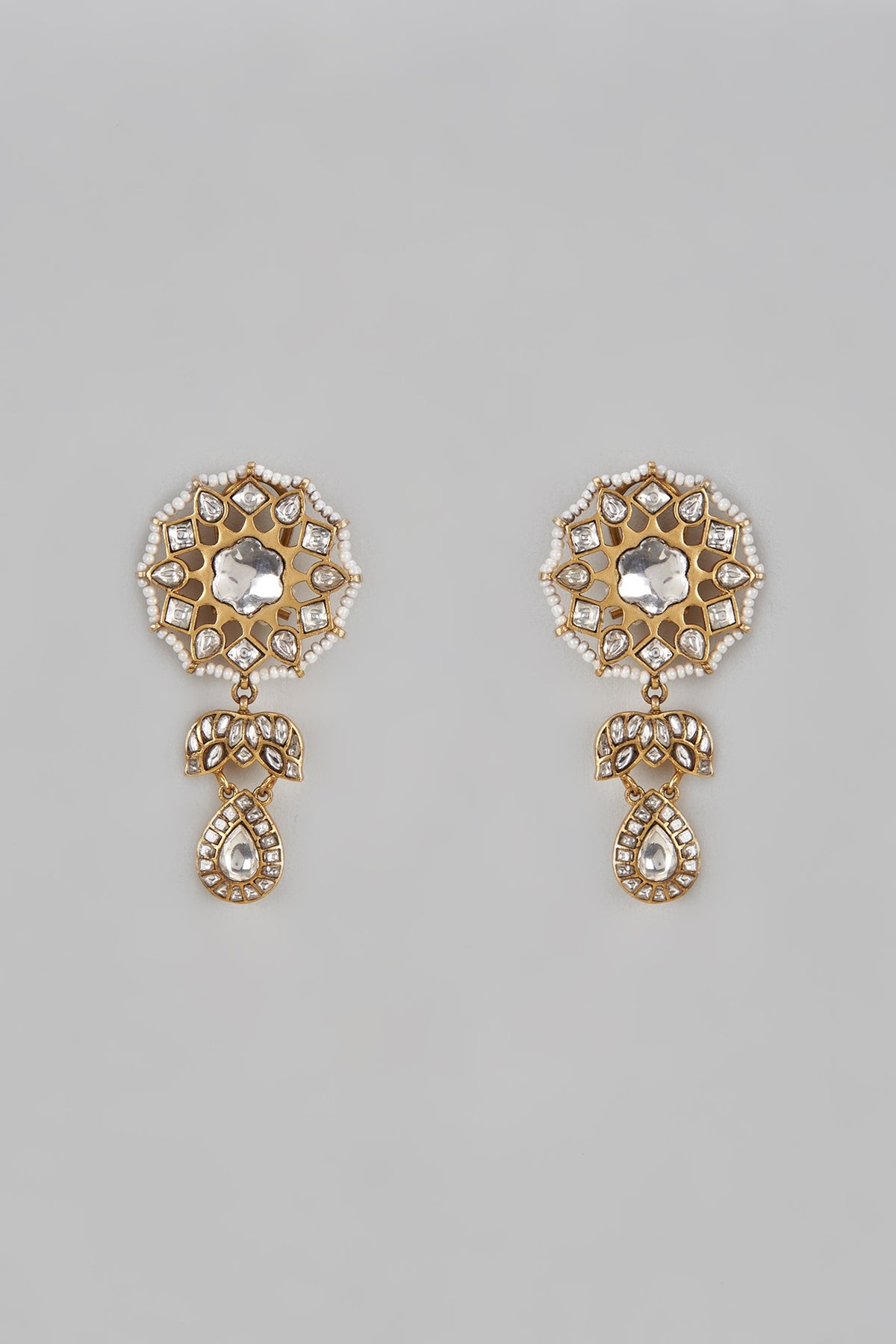Gold Plated Kundan Polki & Pearl Dangler Earrings