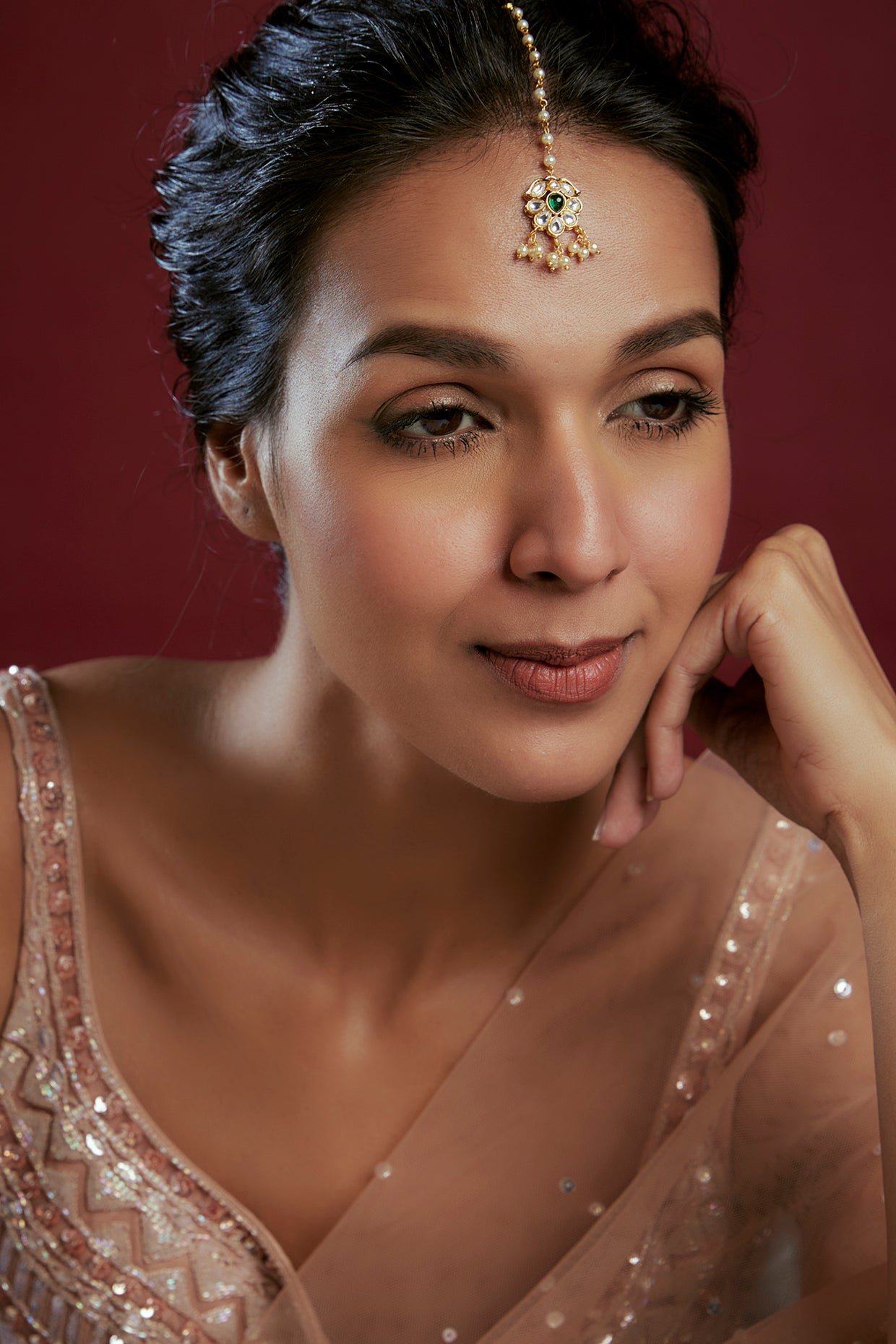 Gold Finish Kundan Polki & Emerald Maangtikka
