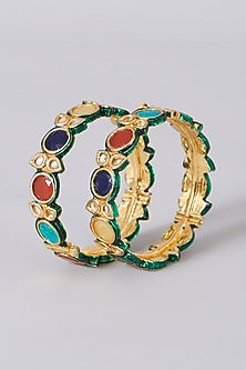 Gold Finish Navratna Bangles (Set of 2)