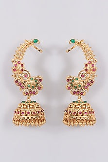 Gold Finish Multi-Colored Stone Temple Jhumka Earrings