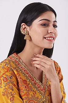 Gold Finish Multi-Colored Stone Temple Jhumka Earrings