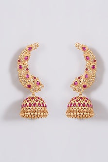 Gold Finish Faux Ruby Temple Jhumka Earrings