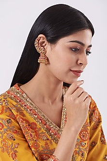 Gold Finish Faux Ruby Temple Jhumka Earrings