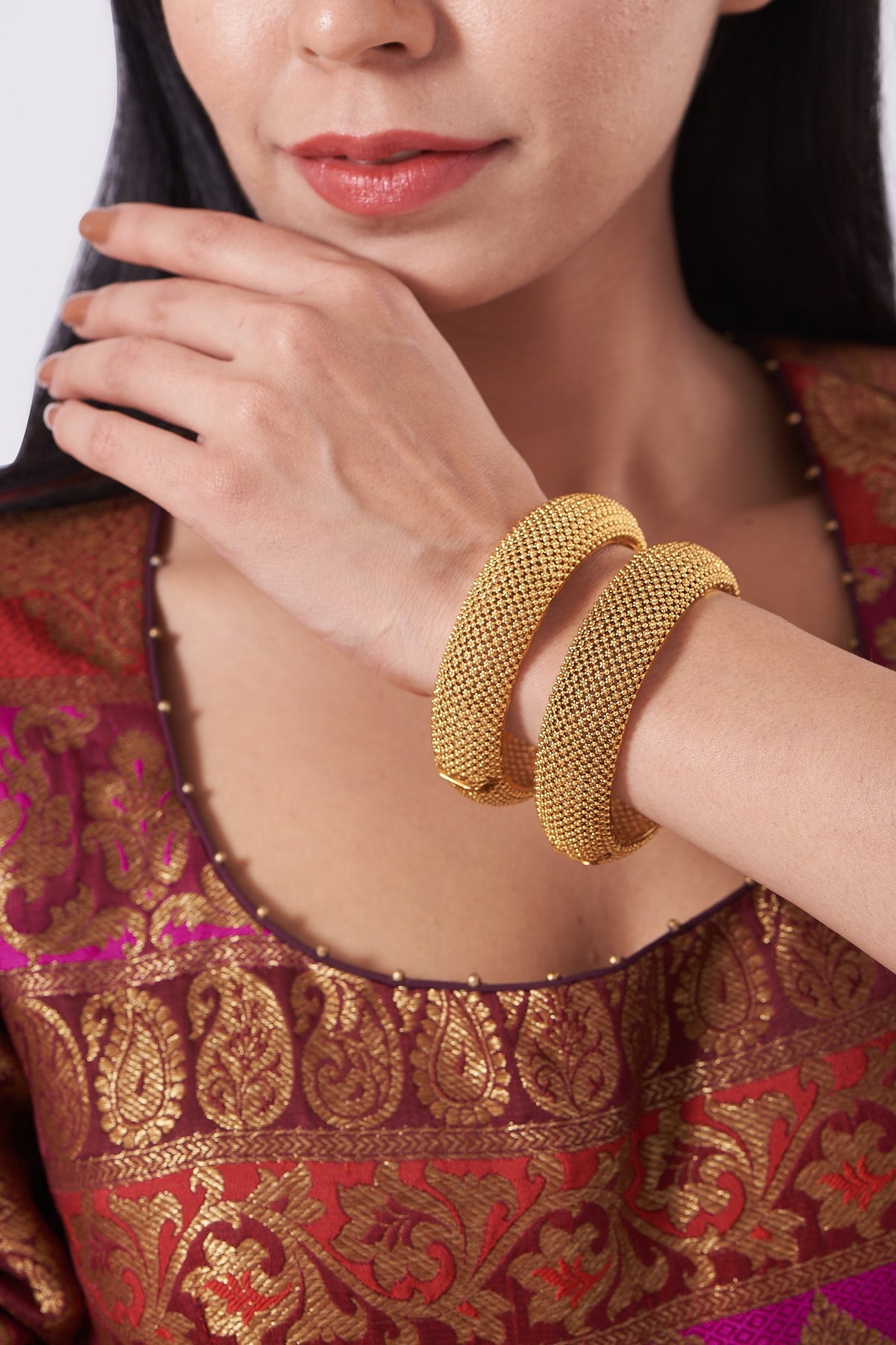 Gold Finish Openable Temple Broad Bangles (Set of 2)