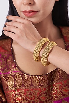 Gold Finish Openable Temple Broad Bangles (Set of 2)