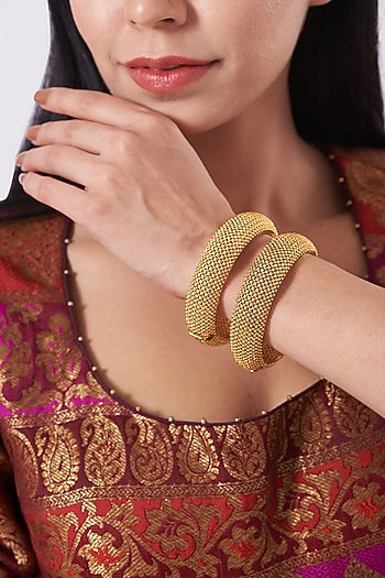 Gold Finish Openable Temple Broad Bangles (Set of 2)