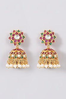 Gold Finish Faux Ruby & Pearl Temple Jhumka Earrings
