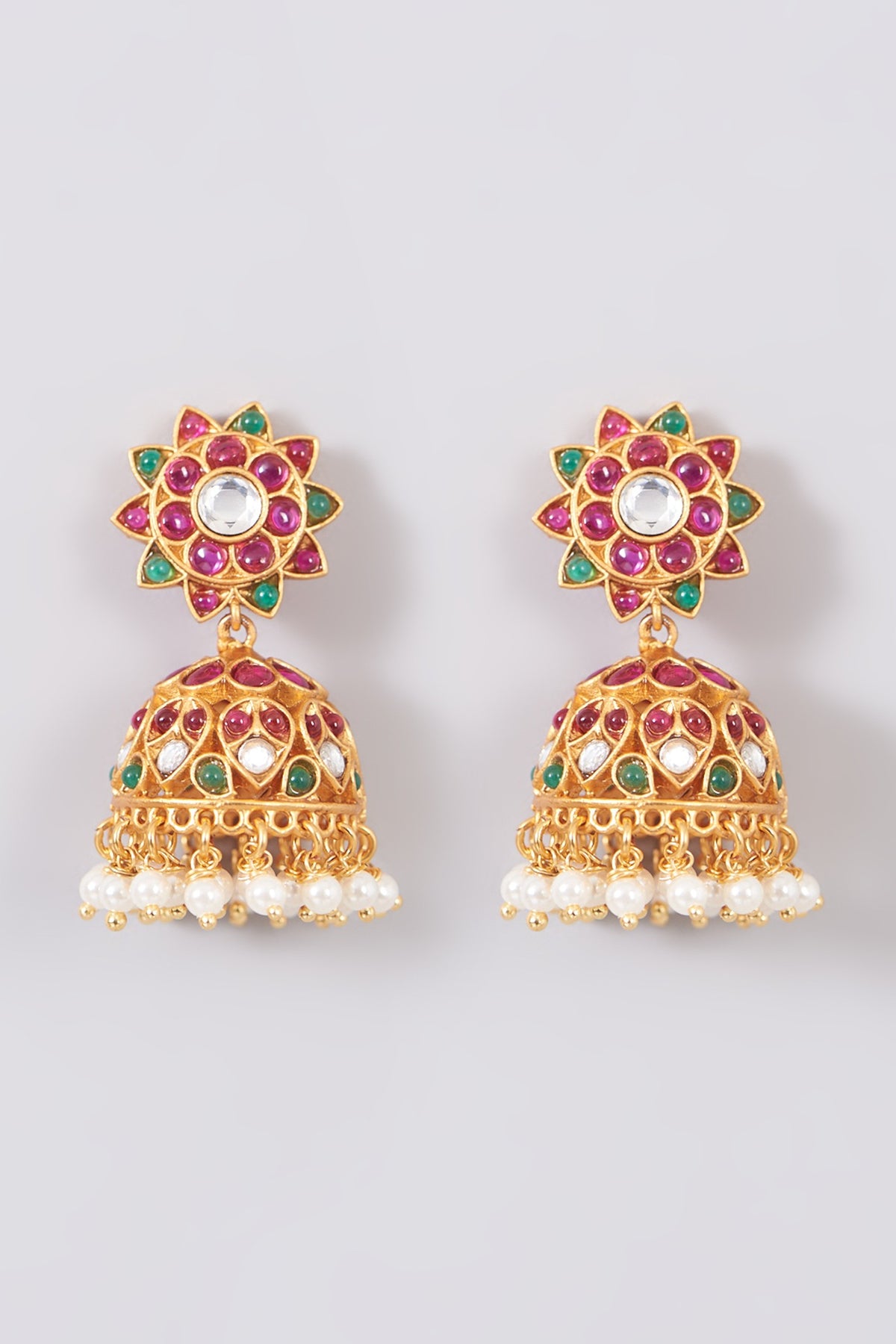 Gold Finish Faux Ruby & Pearl Temple Jhumka Earrings
