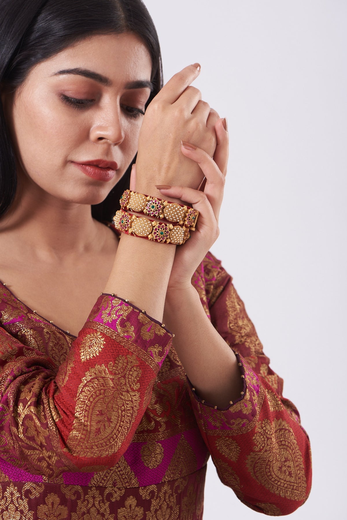 Gold Finish Baby Pearl Temple Bangles (Set of 2)