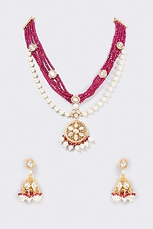 Gold Finish Red Kundan Polki Long Necklace Set