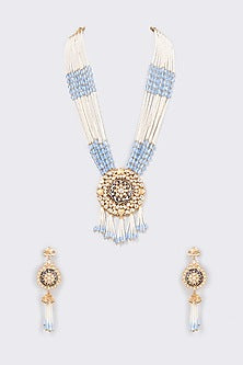 Gold Finish Blue & White Kundan Polki Long Necklace Set