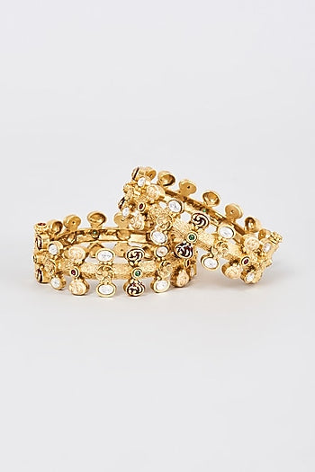 Gold Finish Multi-Colored Kundan Polki Bangles (Set Of 2)