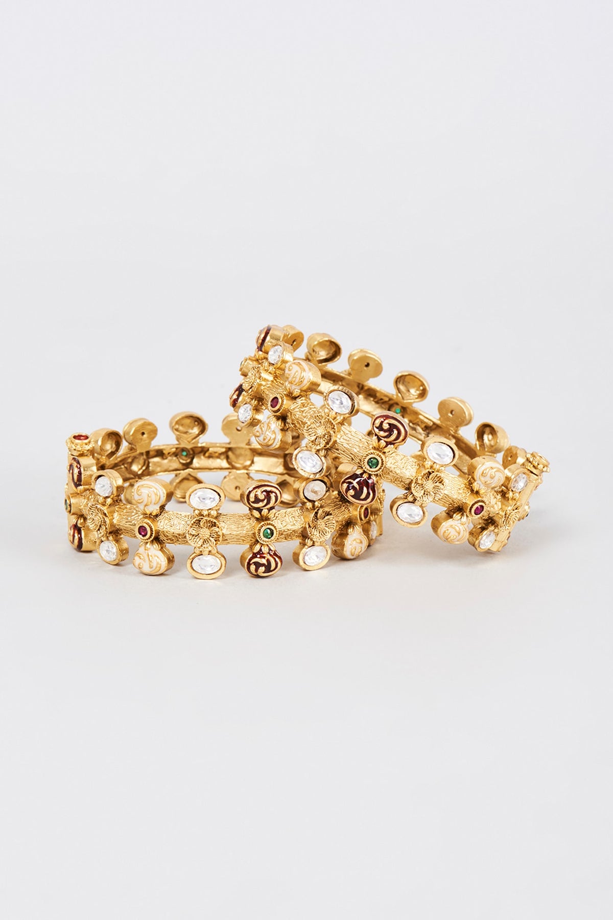 Gold Finish Multi-Colored Kundan Polki Bangles (Set Of 2)