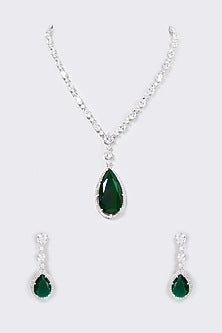 White Finish Emerald Long Necklace Set