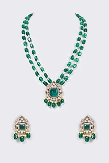 Gold Finish Green Pearl & Emerald Long Necklace Set
