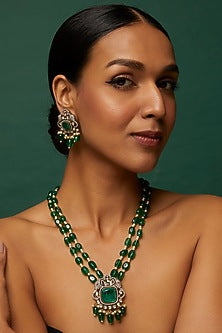 Gold Finish Green Pearl & Emerald Long Necklace Set