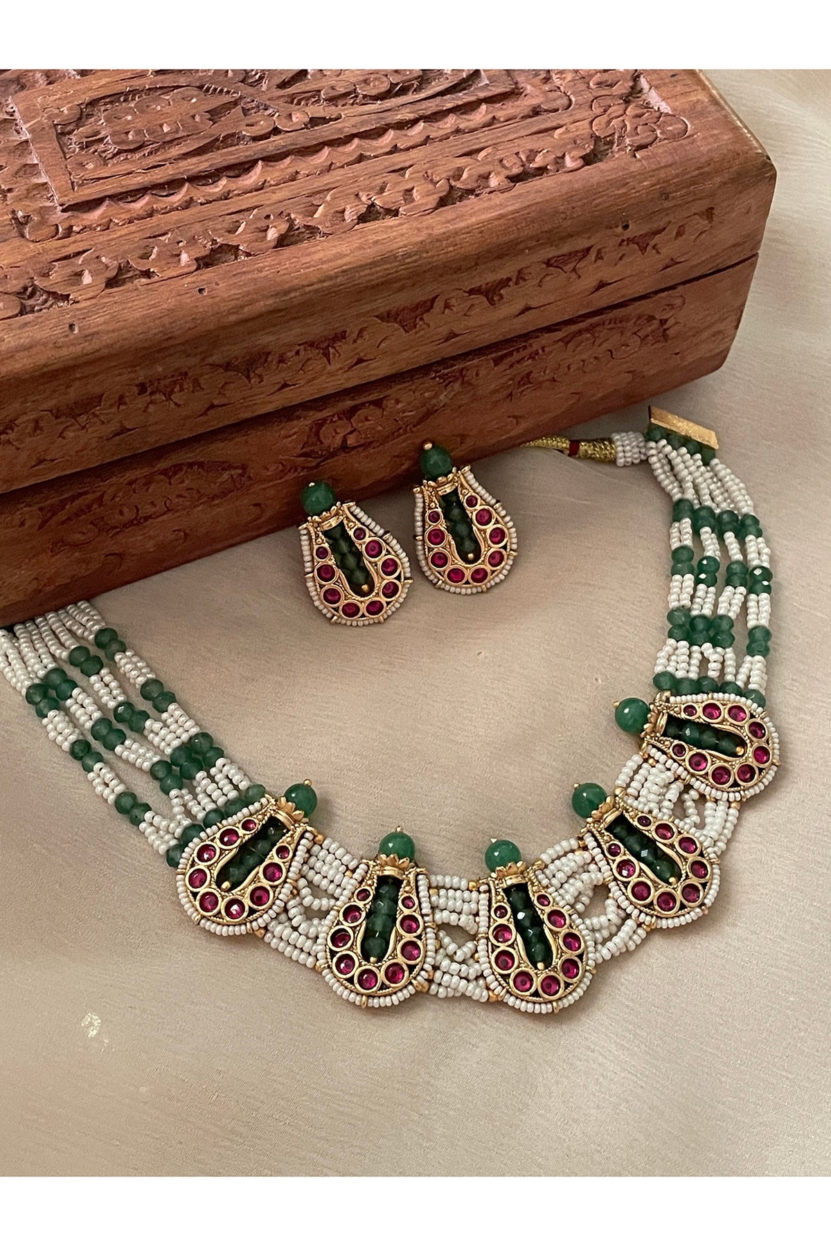 Gold Finish Green Kundan Polki & Pearl Temple Choker Necklace Set