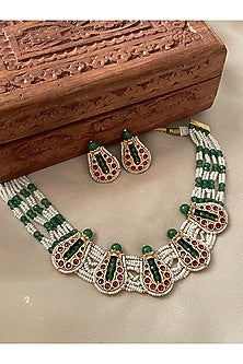 Gold Finish Green Kundan Polki & Pearl Temple Choker Necklace Set