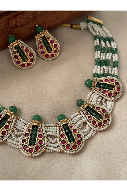 Gold Finish Green Kundan Polki & Pearl Temple Choker Necklace Set
