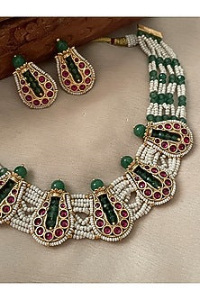 Gold Finish Green Kundan Polki & Pearl Temple Choker Necklace Set