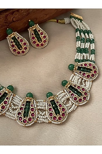 Gold Finish Green Kundan Polki & Pearl Temple Choker Necklace Set