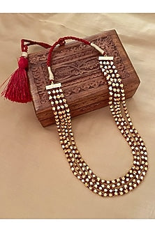 Gold Finish Red Beaded Long Necklace