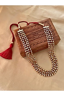 Gold Finish Red Beaded Long Necklace