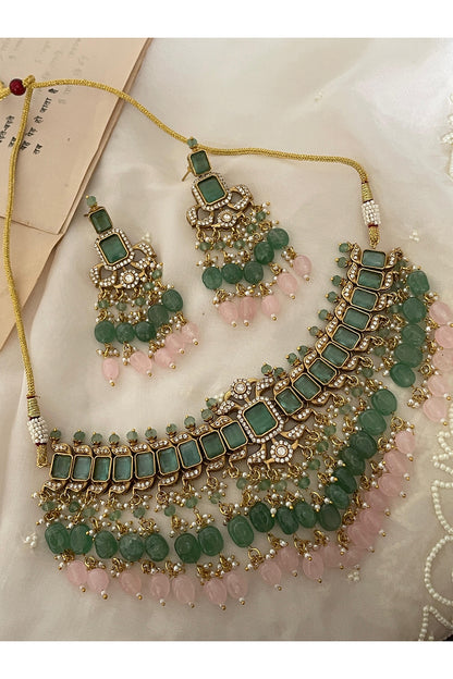 Gold Finish Kundan Polki & Blush Pink Beaded Choker Necklace Set