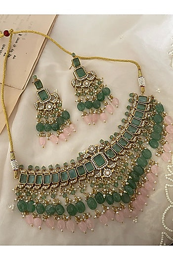 Gold Finish Kundan Polki & Blush Pink Beaded Choker Necklace Set