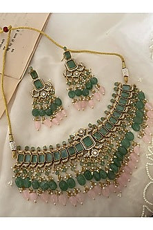 Gold Finish Kundan Polki & Blush Pink Beaded Choker Necklace Set