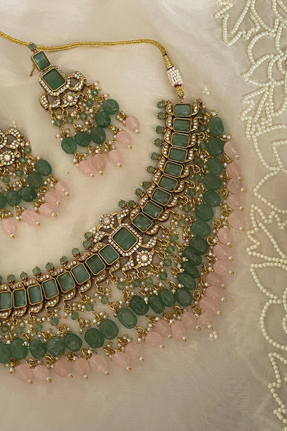 Gold Finish Kundan Polki & Blush Pink Beaded Choker Necklace Set