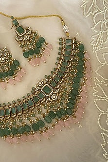 Gold Finish Kundan Polki & Blush Pink Beaded Choker Necklace Set