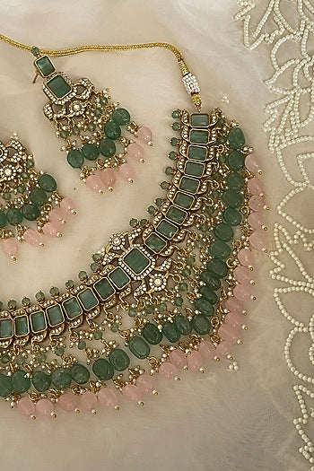 Gold Finish Kundan Polki & Blush Pink Beaded Choker Necklace Set